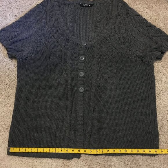 Chunky Cable Knit Short Sleeve Cotton Button Up Cardigan Sweater - Picture 12 of 15